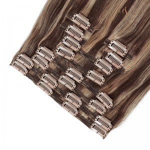 Dark Brown & Dirty Blonde Mix Highlight Balayage Clip in 100% Remy Human Hair Extensions 8Pieces Full Head Straight Weft-Clip in Extensions Wholesale