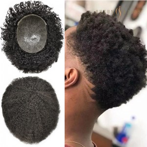 OXIM03 Afro Curly Toupee for Black Men Full Poly African American Human Hair Replacement Systems Durable Handtied Single Knotted Poly Skin Hairpiece Most Strong Thin Skin Kinky Curly Men Toupee Hairpieces Factory