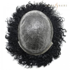 OXIM03 Afro Curly Toupee សម្រាប់បុរសស្បែកខ្មៅពេញលេញ Poly African American Human Hair Replacement Systems Durable Handtied Single Knotted Poly Skin Hairpieces Most Strong Thy Skin Kinky Curly Men Toupee Hai...