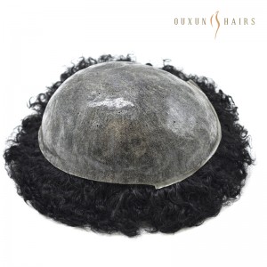 0XJM02 Afro Curl Mens Toupee инъекциясе тулы поли тире Pu Африка Америка чәч системасын алыштыру чәч берәмлеге Indianиндстан Реми Кеше Чәчләре