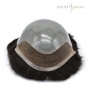 OXBM01 Bio Toupee Erkekler 0.06-0.08MM Deri Şweýsariýa Dantelli Öň Düwürtikli / V aýlawly Poli Deri Ulgam Bölümi Erkek Saç Protezi Erkekler üçin 100% Tebigy Saç Parikleri Erkekler