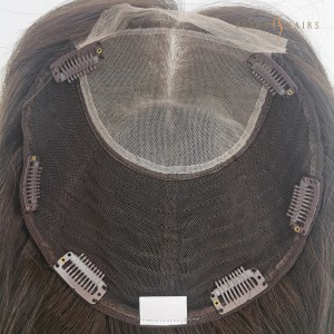 OXTL01 20″ Premium Virgin Best Hair Real Human Hair Topper 8×8″ Lace Front Hair Topper Human Hair Open Weft Base Pre-Styled Dark Brown Highlight Color Dimensional 150% ඝනත්වය-හිසකෙස්...