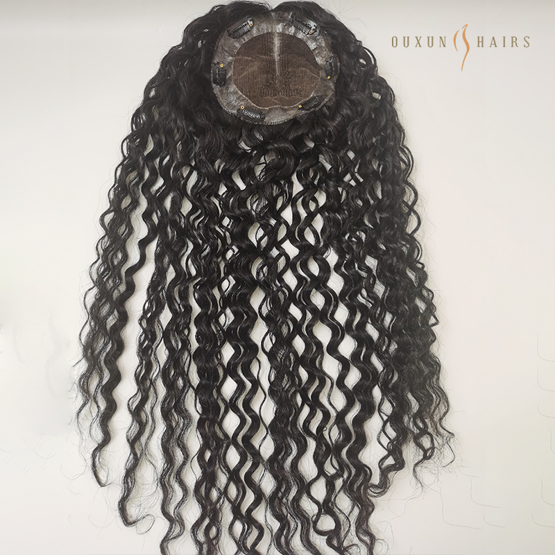 OXTL02 Crown Lace Hair Topper tare da 1'' Pu Poly Around 5.6*5.6 Girman Gindi Mai Lanƙwasa Baƙar Gashi 16inch 100% Kayan Kayan Gashi na Budurwa na Kasar Sin na Al'ada