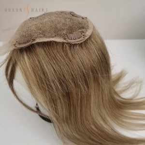 OXTL21 Clip in/on Women Crown Small Hairpieces for Thinning Hair For Short Hair Swiss Hair Topper Hand Tied European Human Hair Custom Affordable Hair Replacement Systems 12inch #6/16 Mixed Color-Factory Made Wig