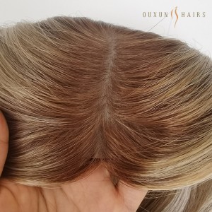 OXTS11 7″x7″ Silk Top European Virgin Human Hair Topper and Closed Wefted Hair Pieces 150% Density Silk Base Clip In Dark Root with Brown to Blonde Highlight Color-Human Hair Toupee Manufacturers