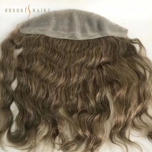 OXTS01 4*10inch Base Hand Knotted Skin Poly Base Frontal Hairpieces Ash Brown Curly Wave Virgin Human Hair for Receded Hairline Wholesale Women-Hair Piece Manufacturers